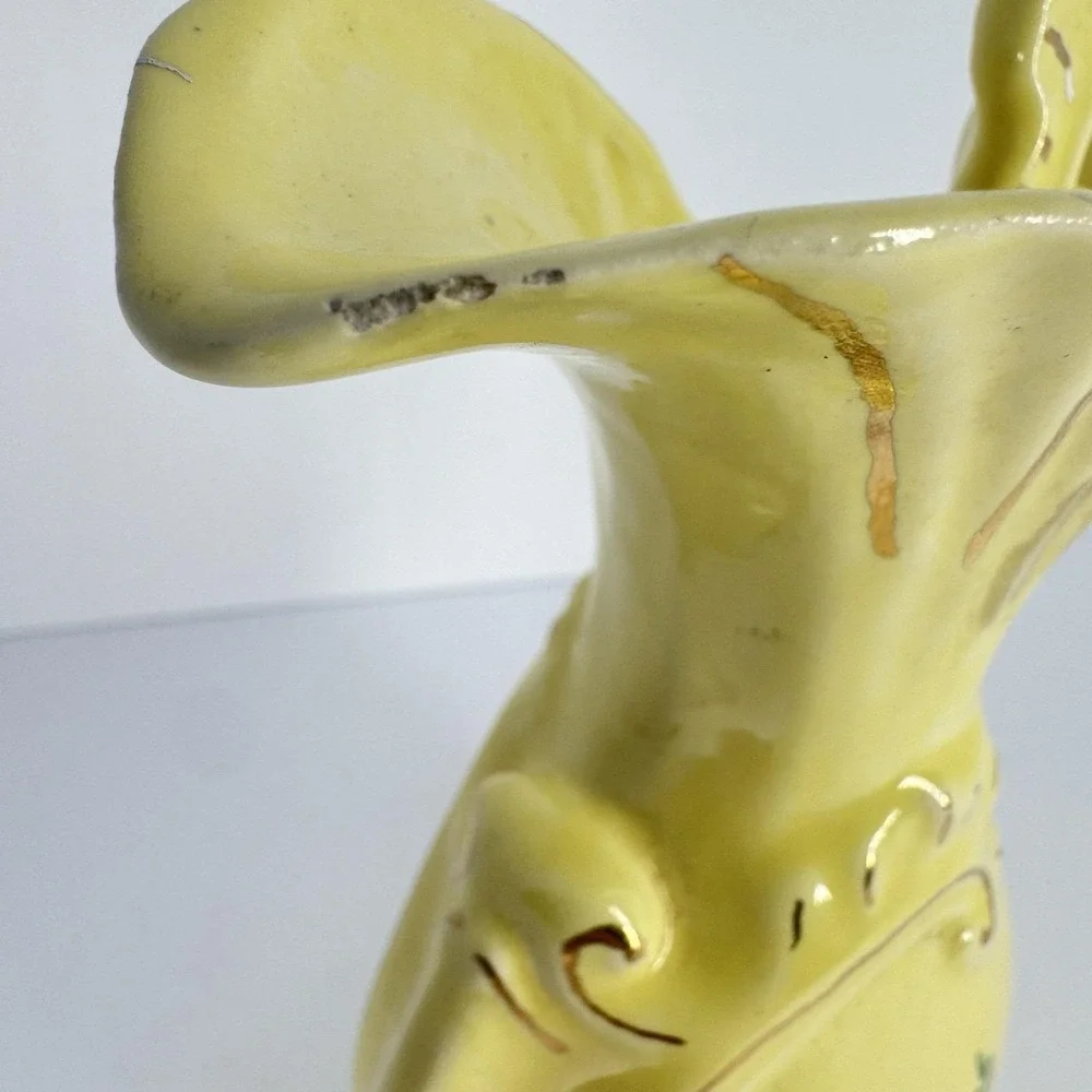 Yellow Ceramic Ewer‎ Pitcher Vase Ornate Floral Scrollwork Rococo Cottage Decor